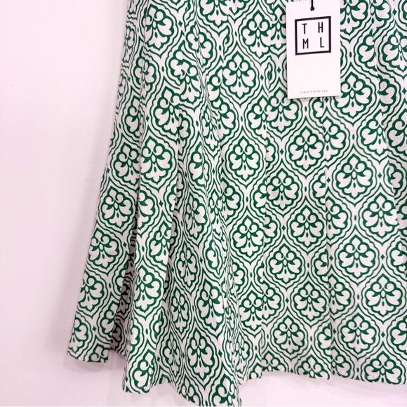 THML Green White Fleur Print 100% Cotton A line Pleated Mini Skirt NEW - Picture 3 of 16